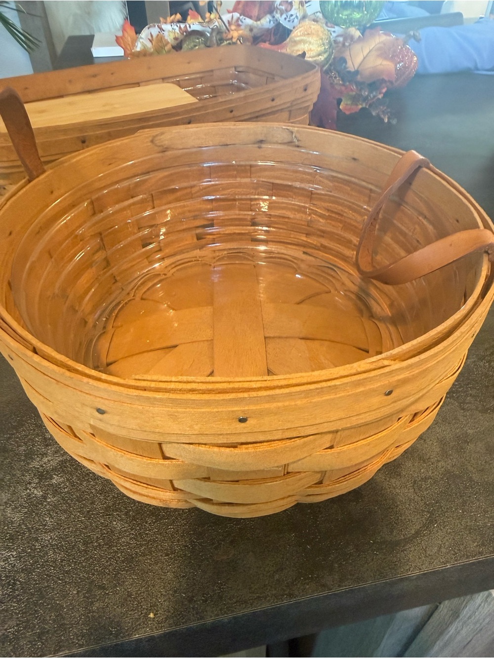 Longaberger round Wooden Woven Basket with Clear Liner - Brown 10”